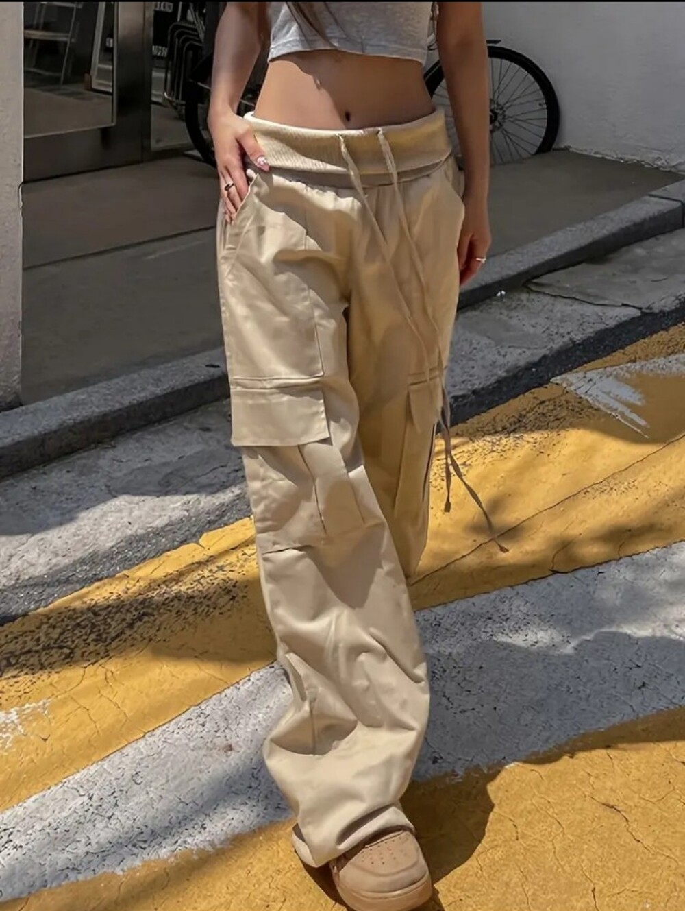 Solid Color Drawstring Cargo Pants, Casual Flap Pocket Straight Leg Pants